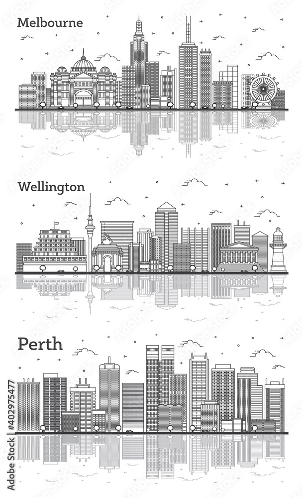 Outline Wellington New Zealand, Perth and Melbourne Australia City Skylines Set.