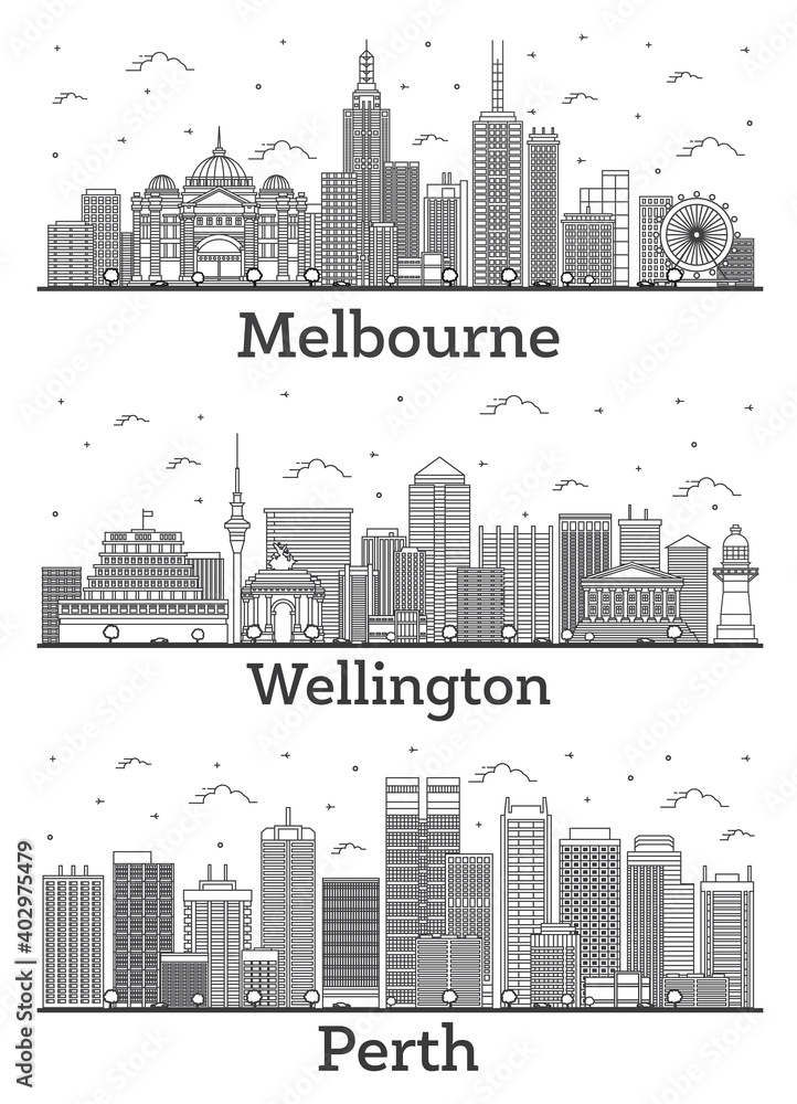 Outline Wellington New Zealand, Perth and Melbourne Australia City Skylines Set with Modern and Historic Buildings Isolated on White.