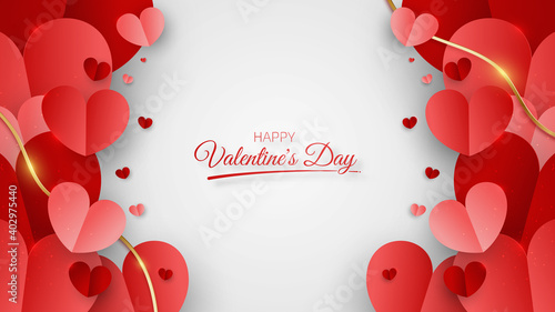 Valentine background with heart shape and gold lines 3d paper cutting style. vector illustration.