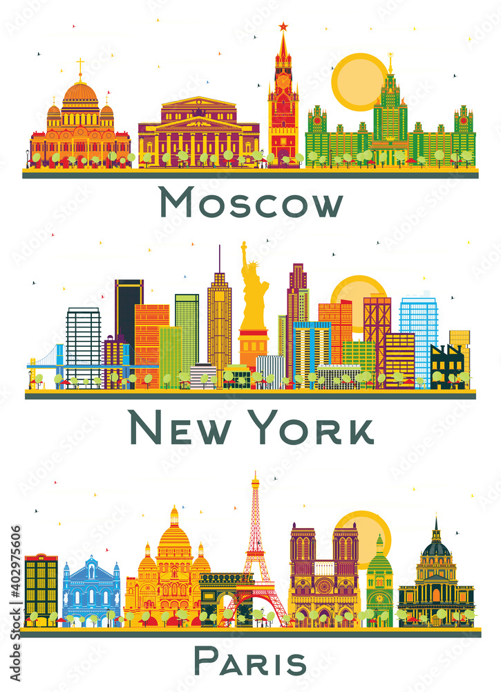 Paris France, New York USA and Moscow Russia City Skylines Set with Color Buildings Isolated on White.