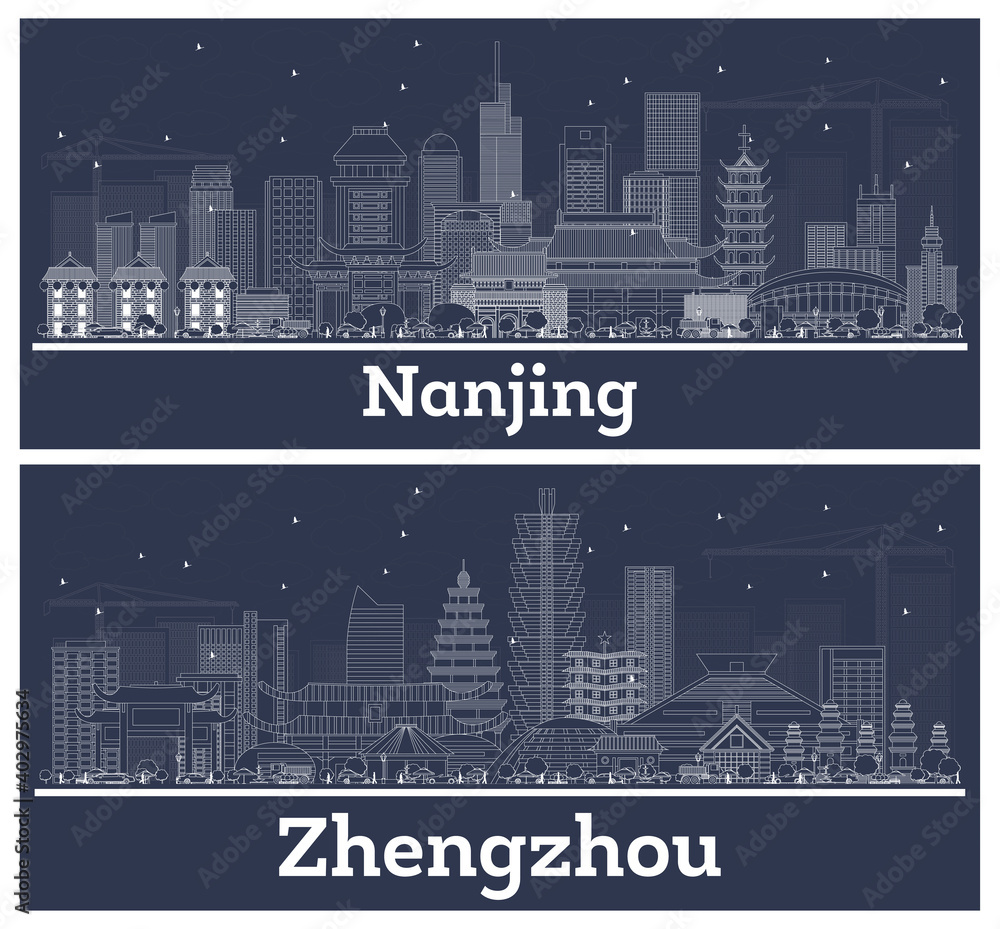 Outline Zhengzhou and Nanjing China City Skyline Set.