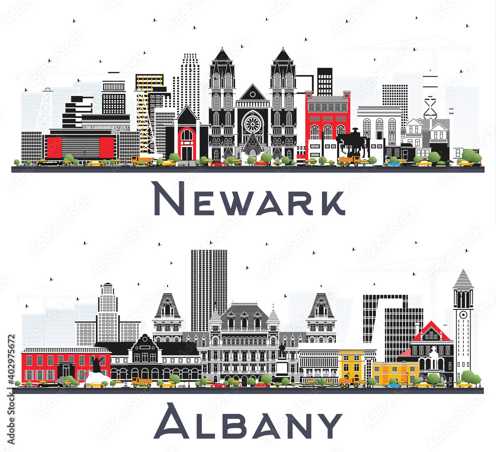 Albany and Newark New Jersey City Skylines Set with Color Buildings Isolated on White.