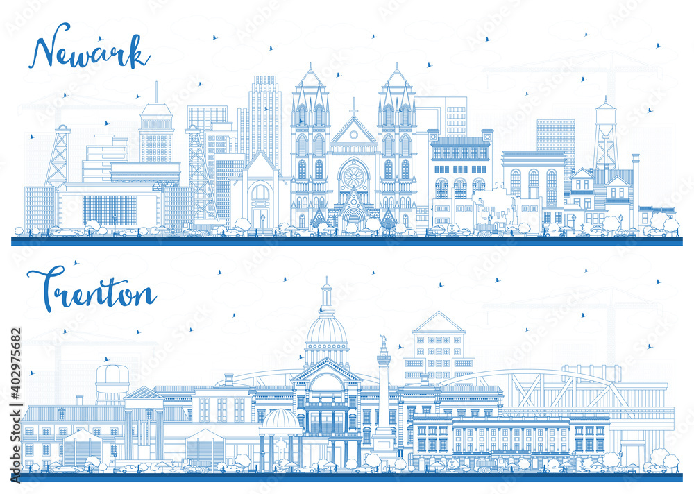Outline Trenton and Newark New Jersey City Skylines Set with Blue Buildings.