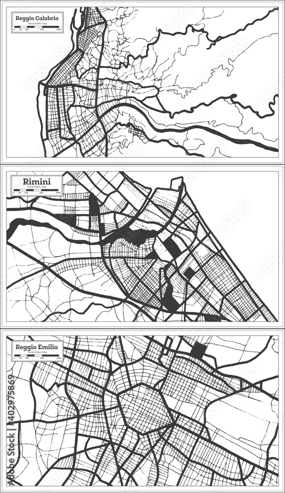 Rimini, Reggio Emilia and Reggio Calabria Italy City Map Set in Black and White Color in Retro Style.