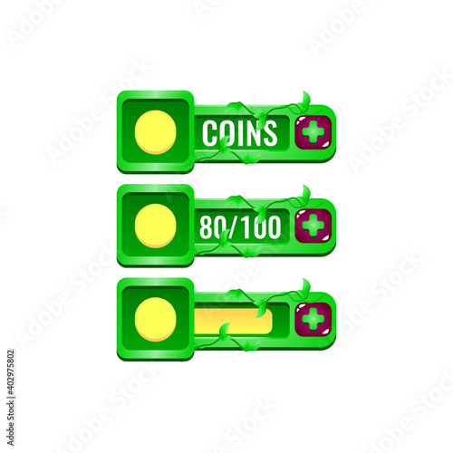 set of nature leaves game ui currencies coins bar with numeric and progress bar additional panel for gui asset elements vector illustration