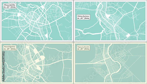 Sancti Spiritus, Palma Soriano, Sagua La Grande and Pinar del Rio Cuba City Maps Set in Retro Style.