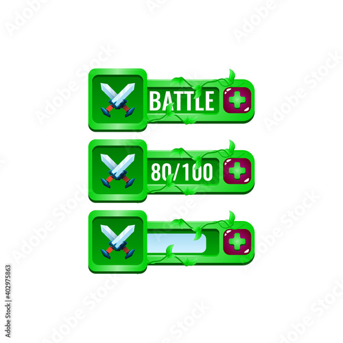 set of nature leaves game ui blade sword fighting power ups skill with numeric and load bar additional panel for gui asset elements vector illustration
