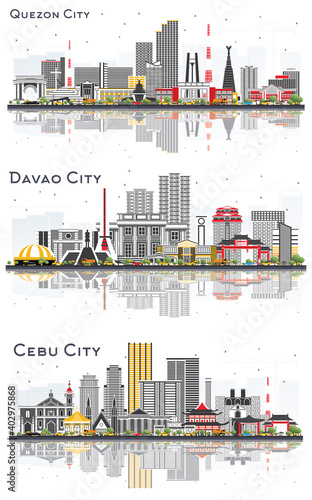 Davao City, Cebu City and Quezon City Philippines Skylines Set.