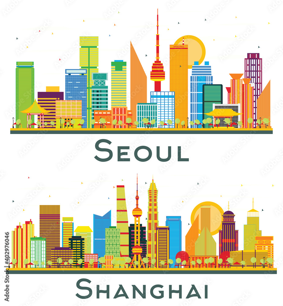 Shanghai China and Seoul South Korea City Skyline Set.