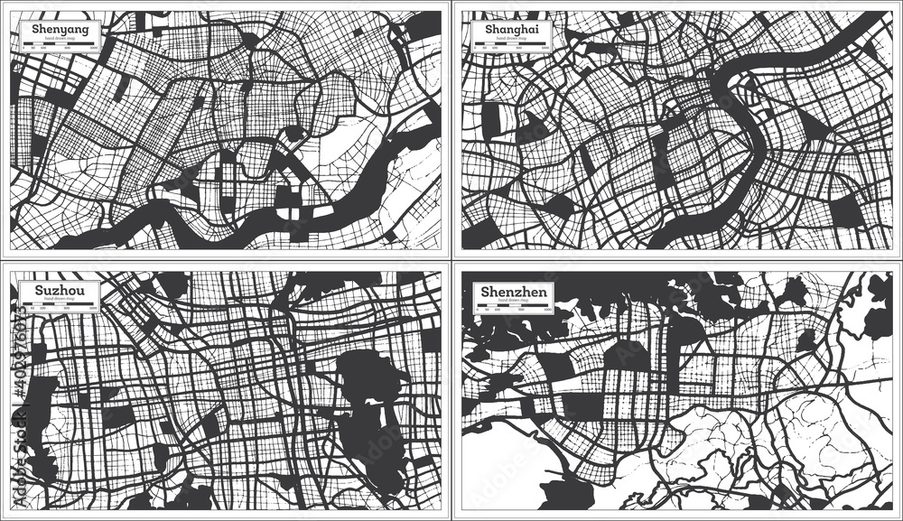 Suzhou, Shanghai, Shenzhen and Shenyang China City Maps Set in Black and White Color in Retro Style.