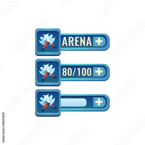 set of fantasy glossy rpg game ui axe fighting power ups skill with numeric and load bar additional panel for gui asset elements vector illustration