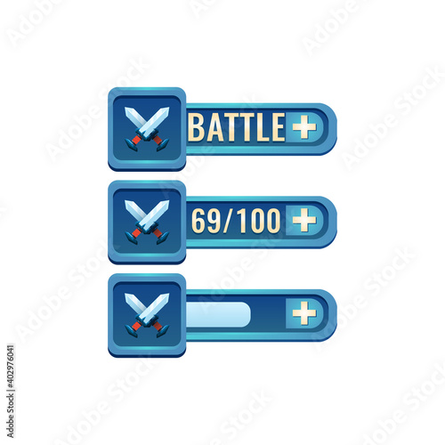 set of fantasy glossy rpg game ui blade sword fighting power ups skill with numeric and load bar additional panel for gui asset elements vector illustration