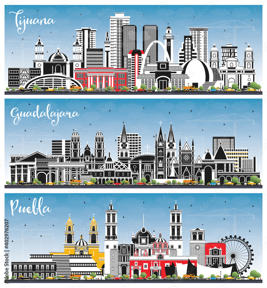Puebla, Guadalajara, Tijuana Mexico City Skylines with Color Buildings and Blue Sky.