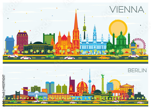 Photography Berlin Germany and Vienna Austria City Skyline Set with Color Buildings and Blue Sky