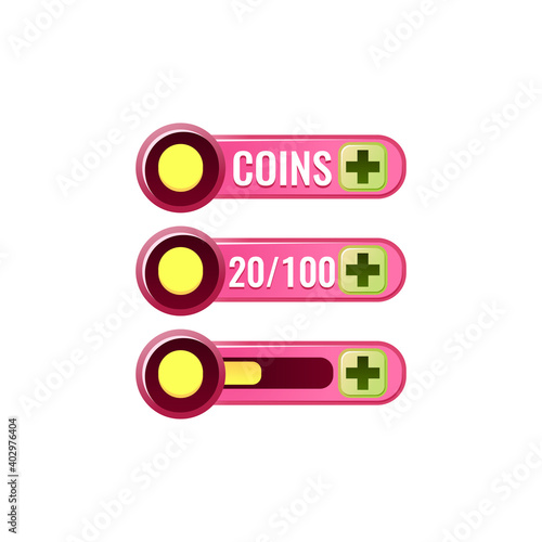 set of  game ui currencies coins bar with numeric and progress bar additional panel for gui asset elements vector illustration