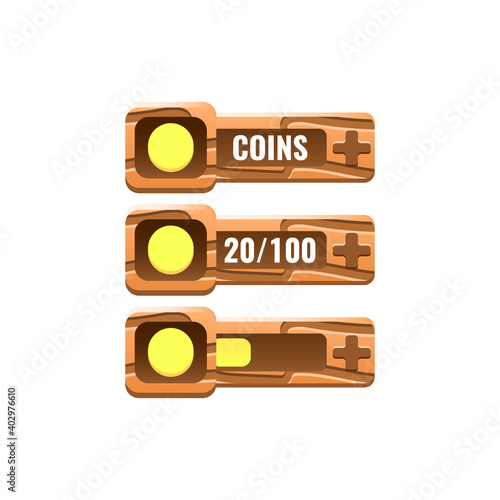 set of wooden game ui currencies coins bar with numeric and progress bar additional panel for gui asset elements vector illustration