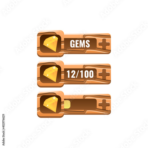 set of wooden game ui gems diamond bar with numeric and progress bar additional panel for gui asset elements vector illustration
