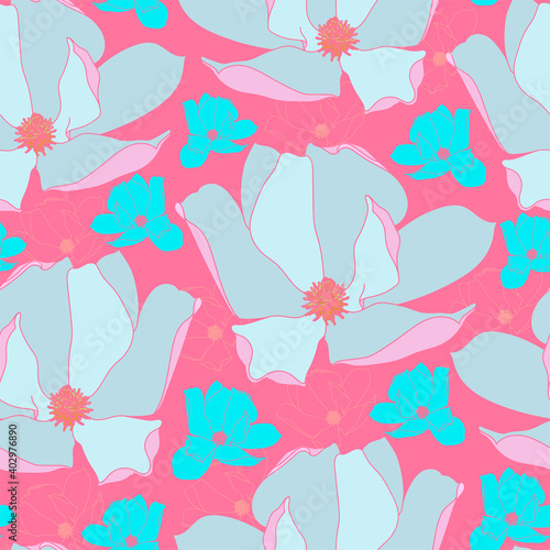 Seamless pattern with magnolia. Hand drawn floral background. Artwork for textiles, fabrics, souvenirs, packaging and greeting cards.