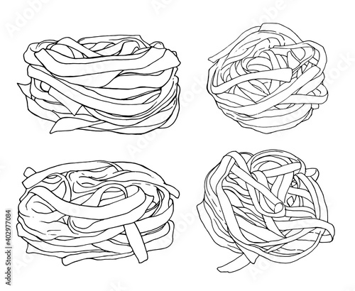 Fettuccine pasta noodles vector illustration-hand drawn-outline black isolated set of elements top view and side view nest noodles on white background.