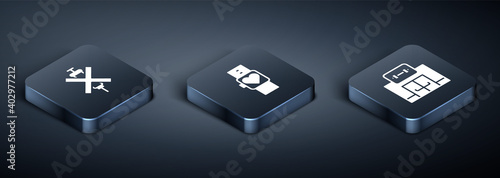 Set Isometric No doping syringe, Gym building and Smart watch icon. Vector.