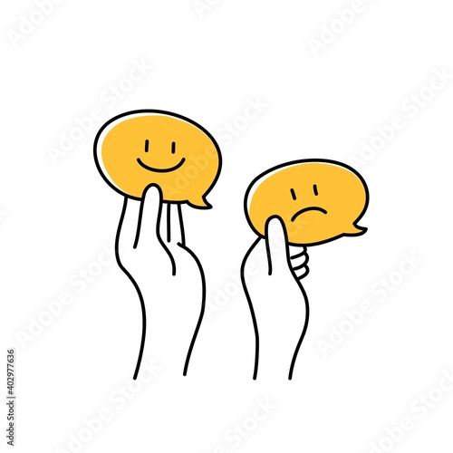 Human hands showing rating with happy, unhappy icons.