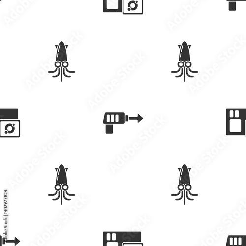 Set Action camera, Fishing harpoon and Octopus on seamless pattern. Vector.