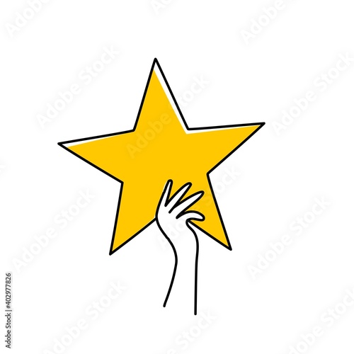 Human hand holding star vector icon.