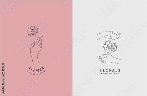 Vector set of abstract logo design templates in linear minimal style, hands with flowers. Use for cosmetics, jewellery, beauty, handmade products, tattoo studios