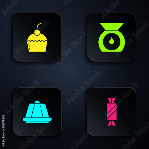 Set Candy, Cake, Pudding custard and Scales. Black square button. Vector.