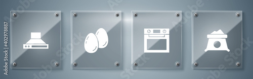 Set Bag of flour, Oven, Easter eggs and Kitchen extractor fan. Square glass panels. Vector.