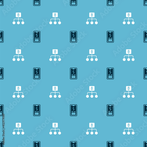 Set Mobile with dollar and Blockchain technology Bitcoin on seamless pattern. Vector.
