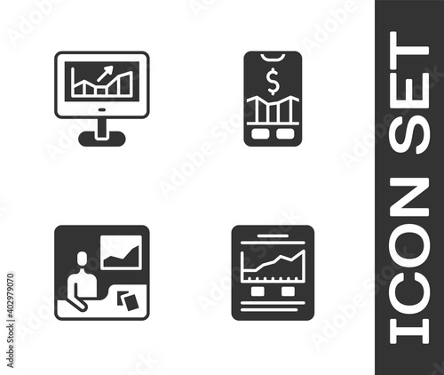 Set Website with growth graph, Computer, Trading courses and Mobile stock trading icon. Vector.