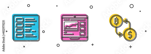 Set Business finance report, Trading courses and Cryptocurrency exchange icon. Vector.