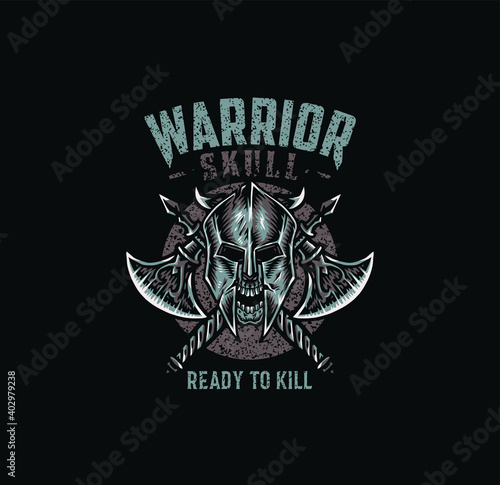 Warrior skull, t shirt graphic design, hand drawn line style with digital color, vector illustration