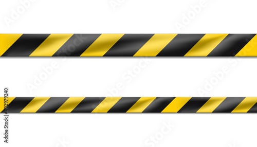 3d realistic vector hazard black and yellow striped ribbon, caution tape of warning signs for crime scene or construction area. Isolated on white.