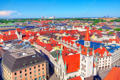 Beautiful Panorama of Munich Germany . Downtown of Munchen , view from above 