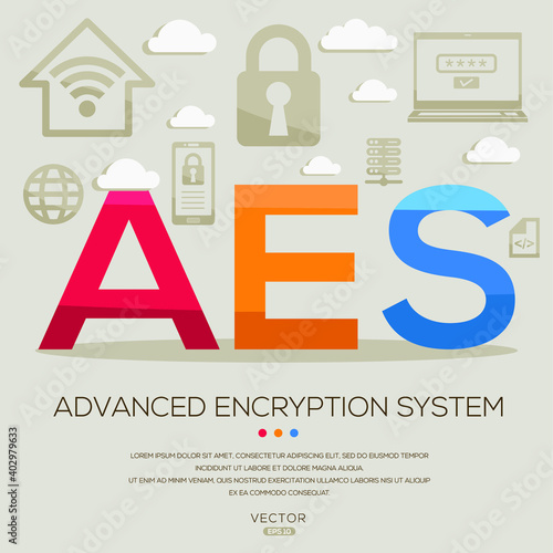 AES mean (Advanced Encryption System) IT Security acronyms ,letters and icons ,Vector illustration.
