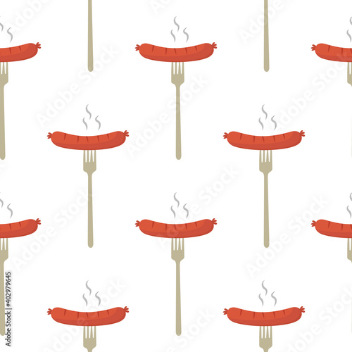 Seamless pattern with hot sausage and fork on white background for kitchen, textiles, wallpaper, clothes and other