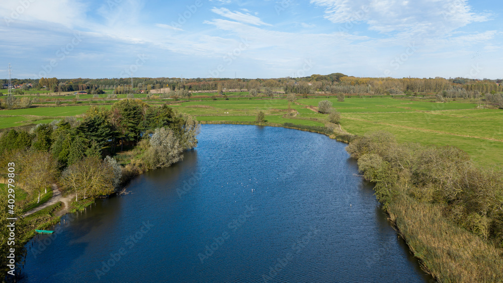 Aerial view of a body of water (the Old Durme river), near Hamme, Belgium