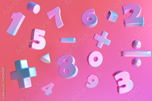 Gradient color number and basic math operation symbols on pink background. 3d render illustration. Mathematic education background concept.