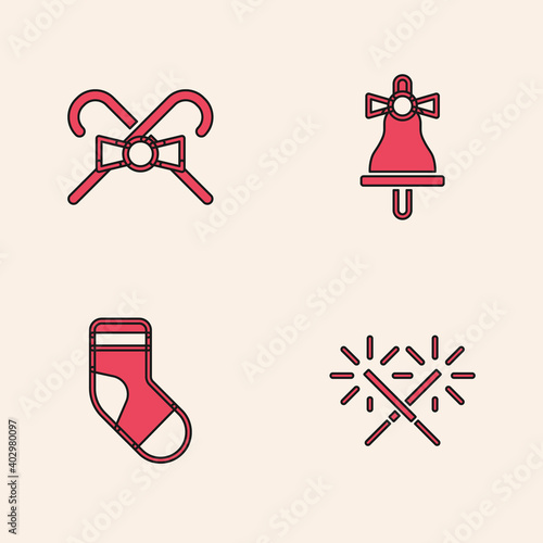 Set Sparkler firework, Christmas candy cane, Merry ringing bell and stocking icon. Vector.