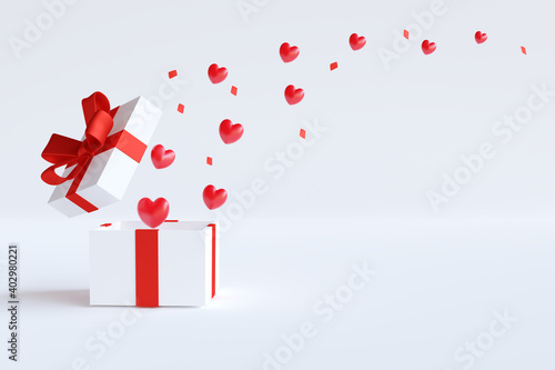 Red hearts floating out from gift box on white background with copy space. 3d render illustration. Valentine's day celebration concept.
