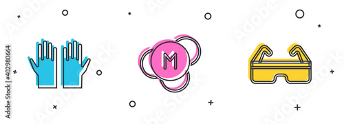 Set Medical rubber gloves, Molecule and Safety goggle glasses icon. Vector.
