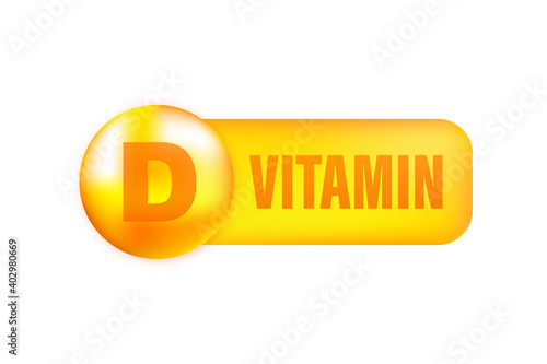 Vitamin D with realistic drop on gray background. Particles of vitamins in the middle. Vector illustration.