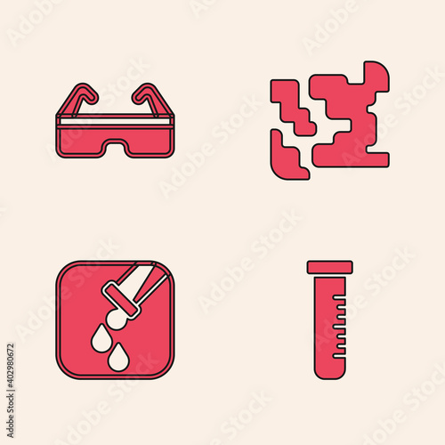 Set Test tube and flask, Safety goggle glasses, Gaseous and icon. Vector.