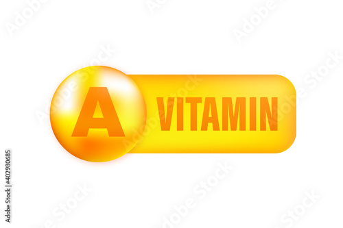 Vitamin A with realistic drop on gray background. Particles of vitamins in the middle. Vector illustration.