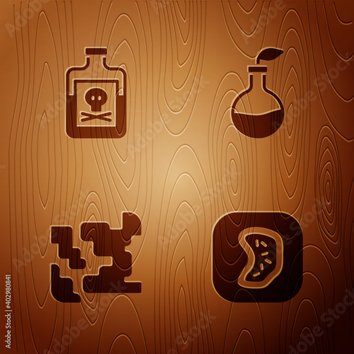 Set Bacteria, Poison in bottle, Gaseous and Plant breeding on wooden background. Vector.