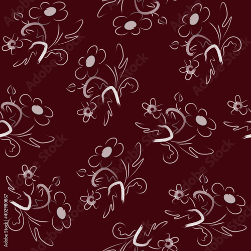 Seamless pattern from floral elements on a dark background for textiles.