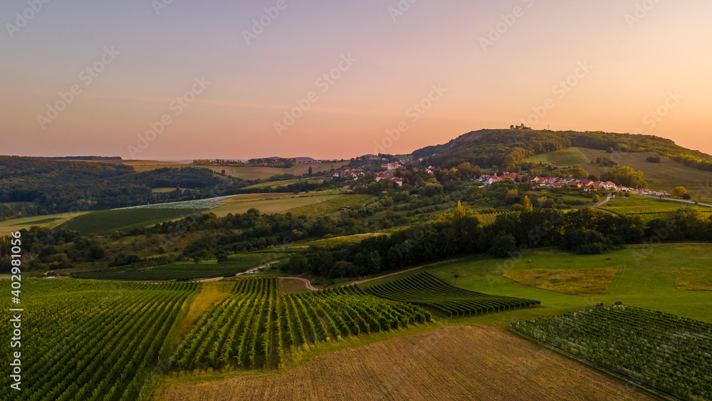 Aerial view of vineyards located in South Moravia captured during a sunny late afternoon.