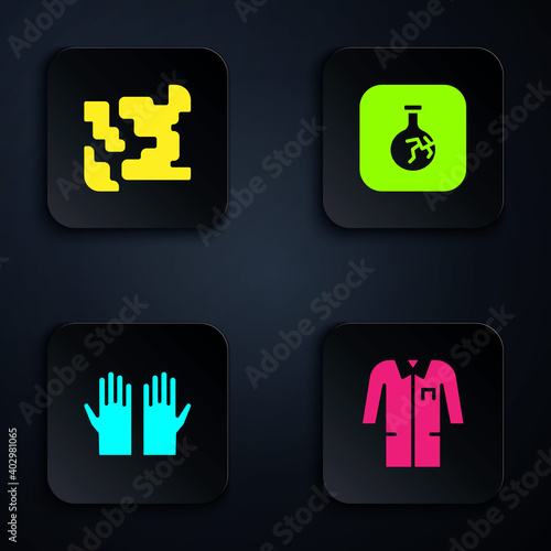 Set Laboratory uniform, Gaseous, Medical rubber gloves and Cracked flask. Black square button. Vector.